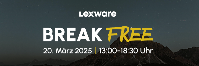 Nachthimmel mit Sternen mit Schriftzug: Lexware Online-Event Break Free am 20.03.2025 von 13 bis 18:30 Uhr