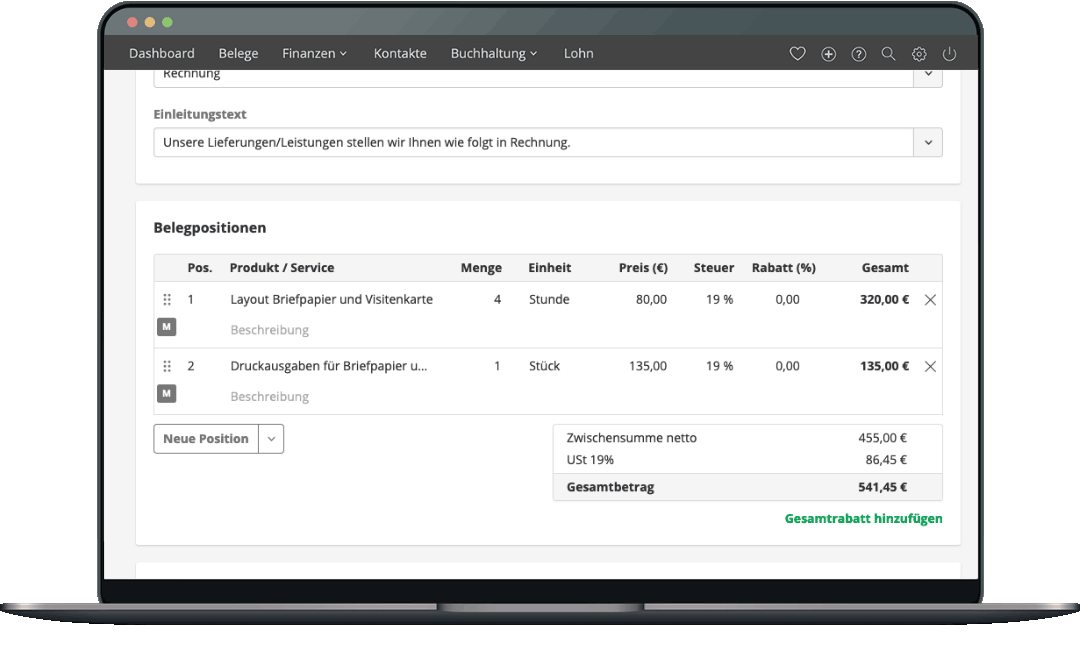 Screen aus Lexware Ofice: Gesamtrabatt in Rechnungen gewähren